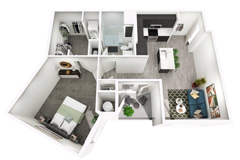 Floor plan for 1 bed, 1 bath, 884 sqft